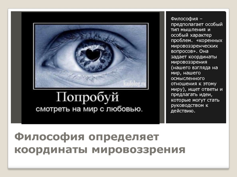 Особые мысли. Координаты мировоззрения. Созерцательный Тип мышления. Занятие философией предполагает:.