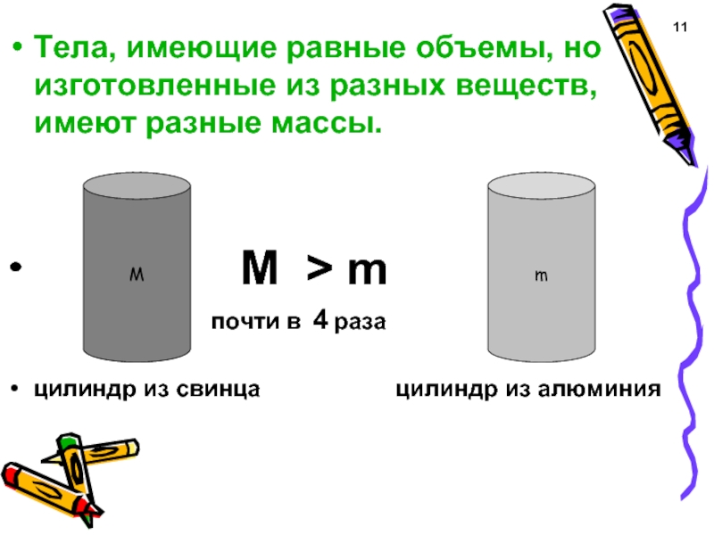 Меньше цилиндров больше объем. Равные тела имеют объемы. Тела имеющие равные объемы изготовленные из разных веществ имеют. Плотность цилиндра. Тела разной массы.