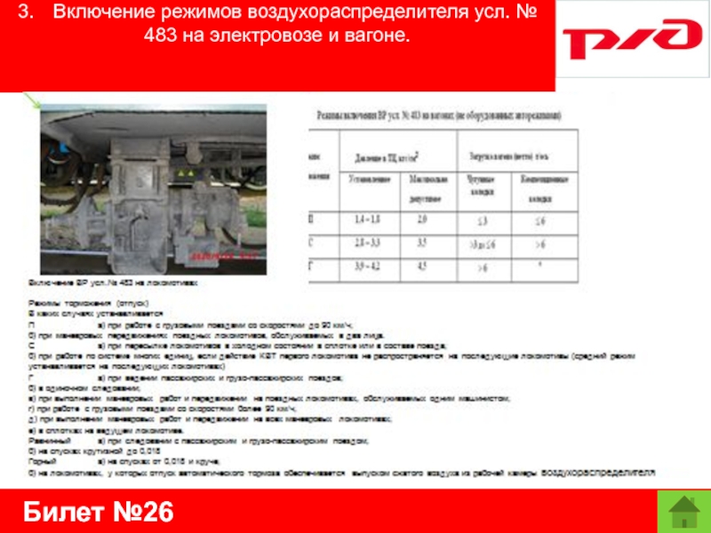 Билет №263.	Включение режимов воздухораспределителя усл. № 483 на электровозе и вагоне.