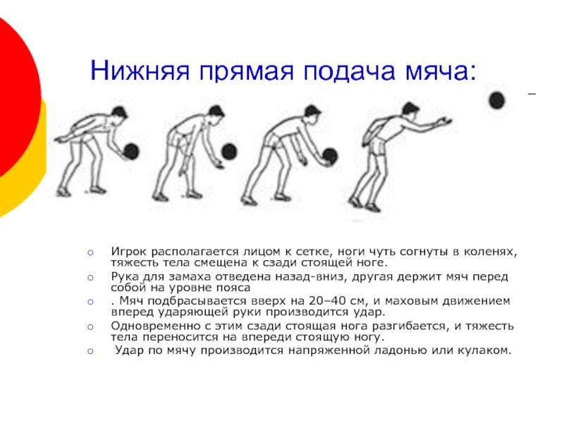 Нижняя прямая подача мяча: Игрок располагается лицом к сетке, ноги чуть согнуты в коленях, тяжесть тела смещена к