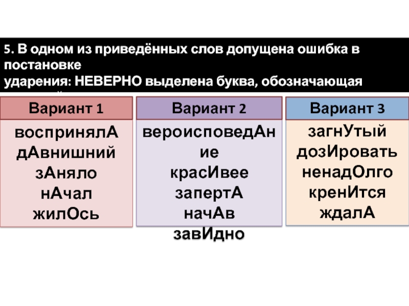 5. В одном из приведённых слов допущена ошибка в постановке ударения: НЕВЕРНО выделена буква, обозначающая ударный гласный