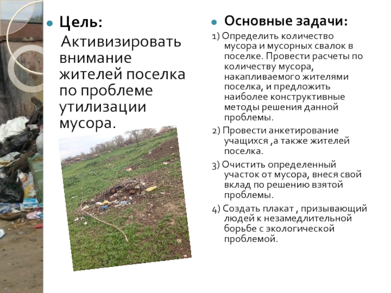 Цель:  Активизировать внимание жителей поселка по проблеме утилизации мусора.   Основные задачи:1) Определить количество мусора