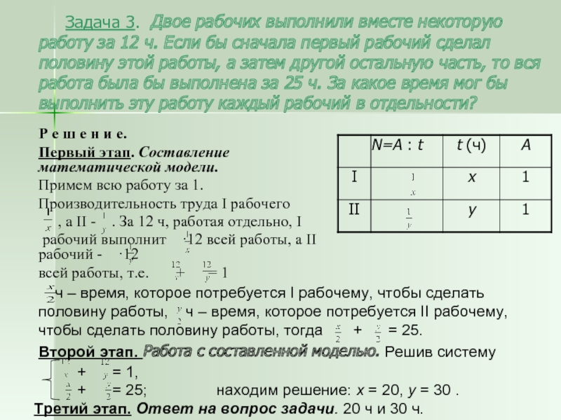 Первый рабочий выполнял весь заказ равномерно