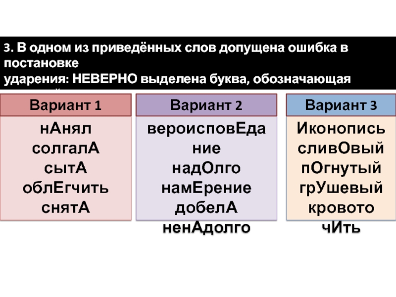 3. В одном из приведённых слов допущена ошибка в постановке ударения: НЕВЕРНО выделена буква, обозначающая ударный гласный