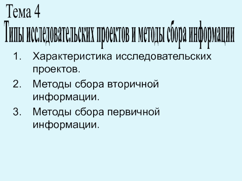 Характеристика исследовательских проектов.
Методы сбора вторичной