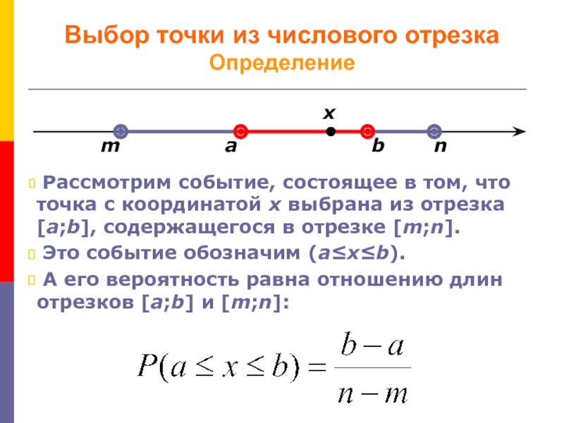 Точка содержать. Выбор точки из числового отрезка. Длина отрезка на числовой прямой. Случайный выбор точки на числовом отрезке. Геометрическая вероятность отрезков.