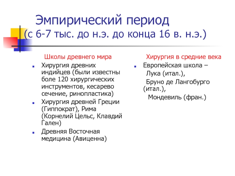 Эмпирический период развития. Эмпирический период хирургии. Эмпирический период.