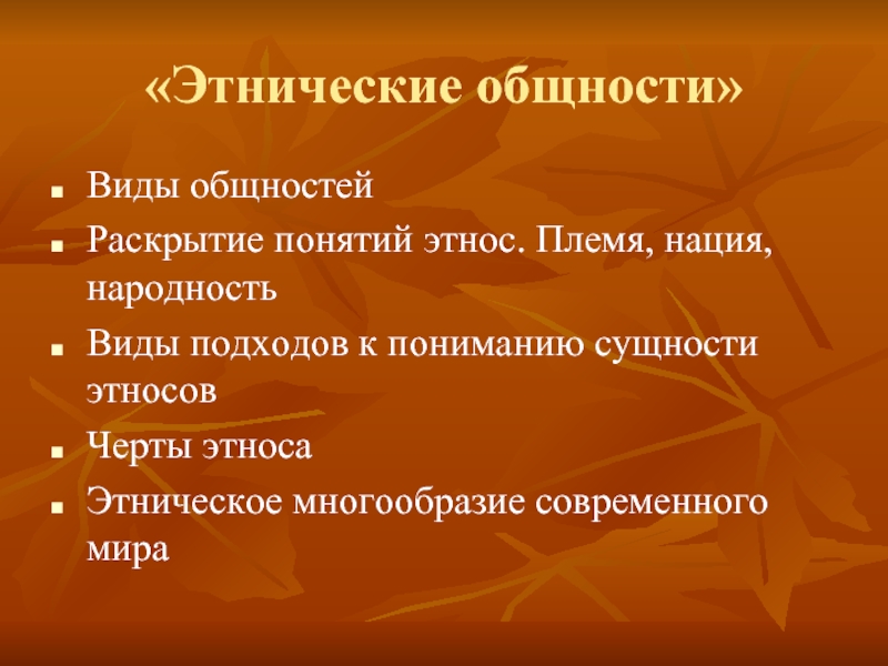 Черты этноса. Этнические общности. Раскрыть понятие этнос. Этнический подход к пониманию нации. Виды народностей.