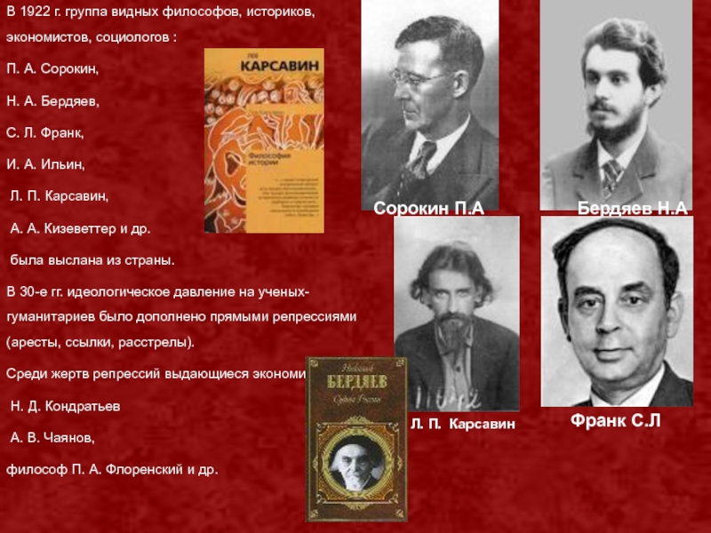 В 1922 г. группа видных философов, историков, экономистов, социологов :П. А. Сорокин, Н. А. Бердяев, С. Л.