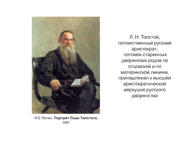 Л. Н. Толстой, потомственный русский аристократ, потомок старинных дворянских родов по отцовской и по материнской линиям, принадлежал к