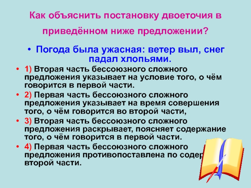 Как объяснить постановку двоеточия в приведённом ниже предложении? Погода была ужасная: ветер выл, снег падал хлопьями.1) Вторая