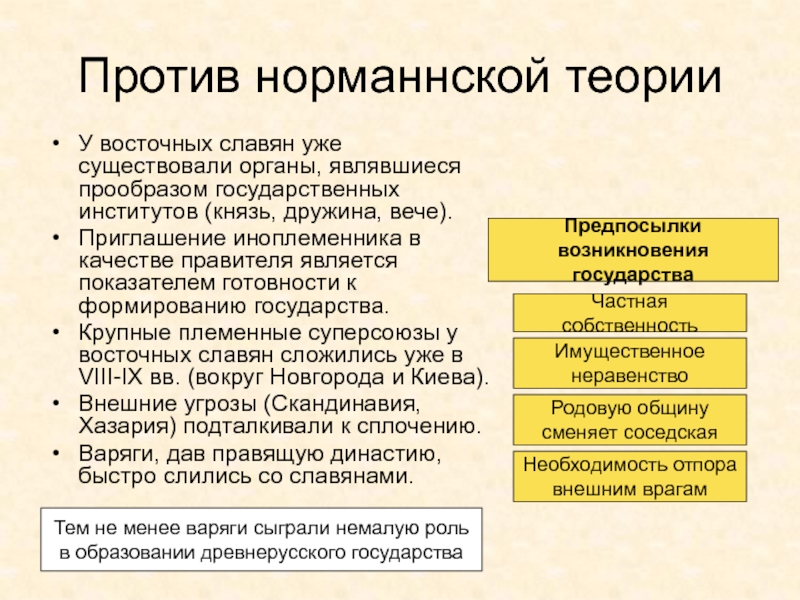 Древняя Русь
IX - XIII вв Против норманнской теорииУ восточных славян уже существовали органы, являвшиеся прообразом государственных Против норманнской теорииУ восточных славян уже существовали органы, являвшиеся прообразом государственных институтов (князь, дружина, вече).Приглашение иноплеменника в