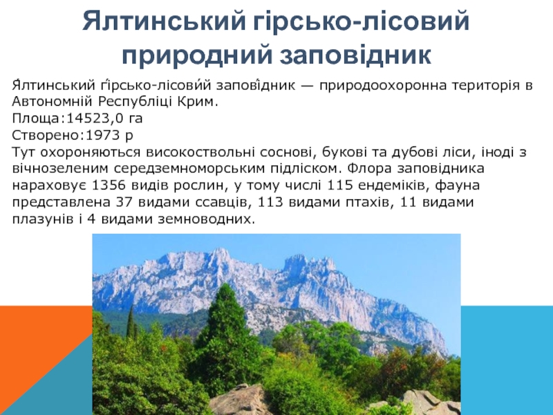 Ялтинський гірсько-лісовий природний заповідникЯ́лтинський гі́рсько-лісови́й запові́дник — природоохоронна територія в Автономній Республіці Крим.Площа:14523,0 гаСтворено:1973 рТут охороняються високоствольні