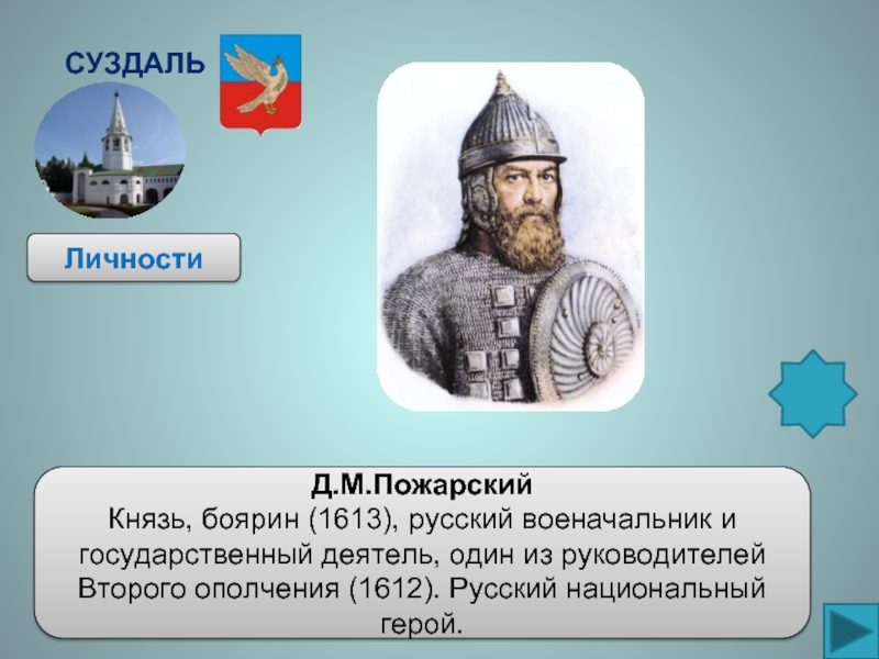 СуздальЛичностиД.М.ПожарскийКнязь, боярин (1613), русский военачальник и государственный деятель, один из руководителей Второго ополчения (1612). Русский национальный герой.