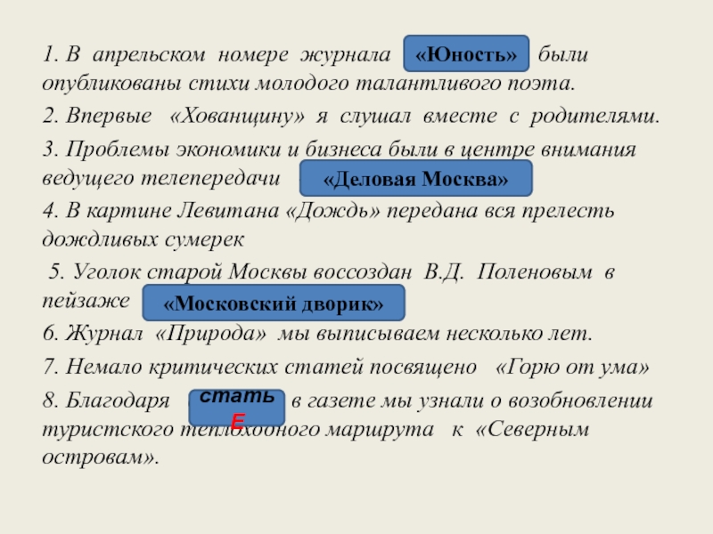 1. В апрельском номере журнала «Юности»  были опубликованы стихи молодого талантливого поэта.2. Впер­вые  «Хо­ван­щи­ну» я