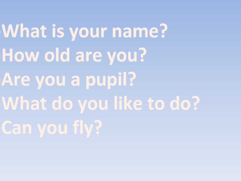 What is your name?How old are you?Are you a pupil?What do you like to do?Can you fly?