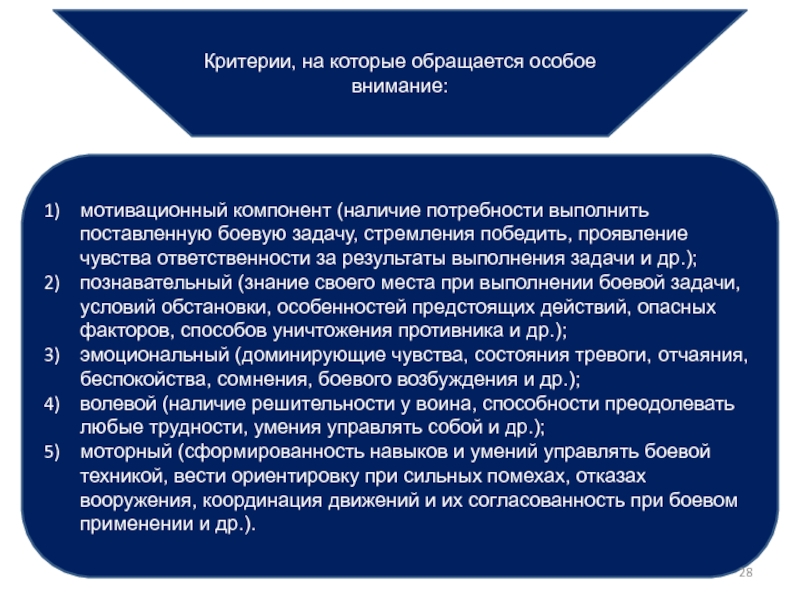 Критерии, на которые обращается особое внимание:мотивационный компонент (наличие потребности выполнить поставленную боевую задачу, стремления победить, проявление чувства