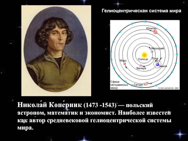 Никола́й Копе́рник (1473 -1543) — польский астроном, математик и экономист. Наиболее известен как автор средневековой гелиоцентрической системы мира.Гелиоцентрическая