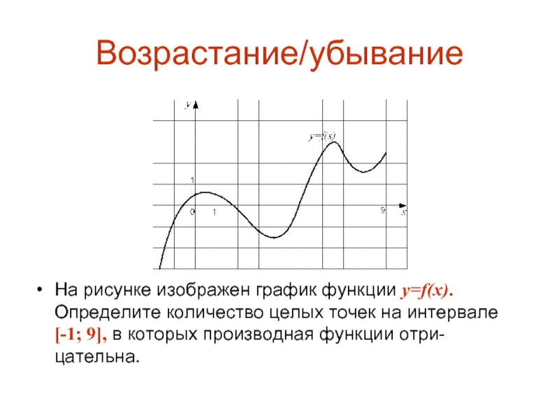 Возрастание/убываниеНа рисунке изображен график функции y=f(x). Определите количество целых точек на интервале [-1; 9], в которых производная