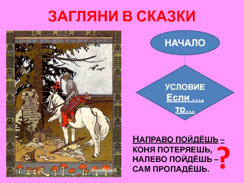 Начало условия. Направо пойдешь. Налево пойдёшь коня потеряешь. Направо пойдешь коня потеряешь налево пойдешь. Сказка направо пойдешь.