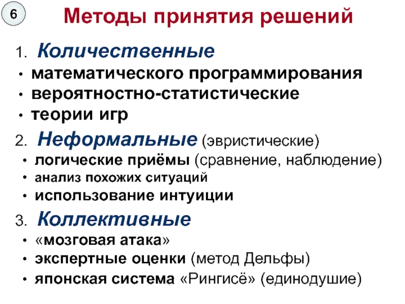 Основы принятия решений. Количественный метод принятия управленческих решений. Неформальный метод принятия решений. К методам принятия оптимального решения относят. Теории принятия решений в менеджменте.