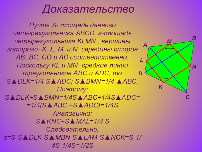 В выпуклом четырехугольнике abcd известно что. Параллелограмм Вариньона площадь. Четырехугольник Вариньона. Теорема Вариньона доказательство. Периметр параллелограмма Вариньона.