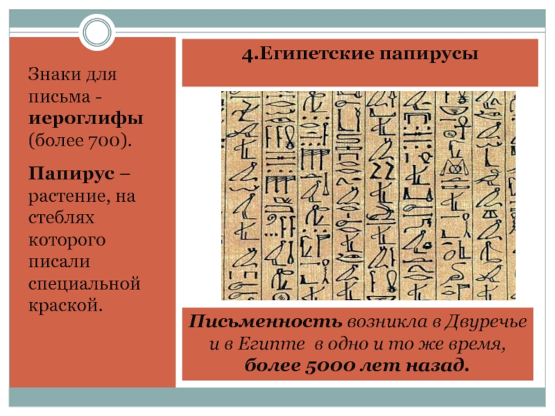 4.Египетские папирусыЗнаки для письма - иероглифы (более 700).Папирус –растение, на стеблях которого писали специальной краской.Письменность возникла в