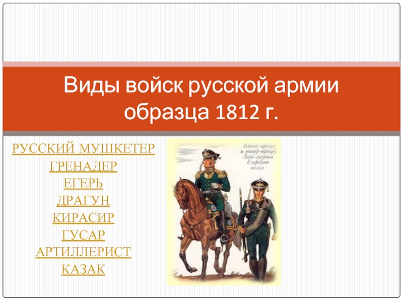 Презентация Виды войск русской армии образца 1812 года