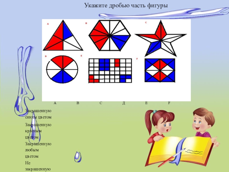 Укажите дроби. Укажите дробью часть фигуры закрашенную. Укажи дробью часть фигуры. Закрашенные части на фигуре выражающая дроби. Укажите дробью часть закрашенную синим цветом.