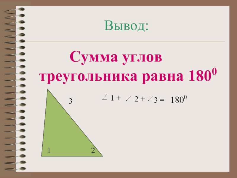 Вывод:     Сумма углов треугольника равна1231 +2 +3 =18001800