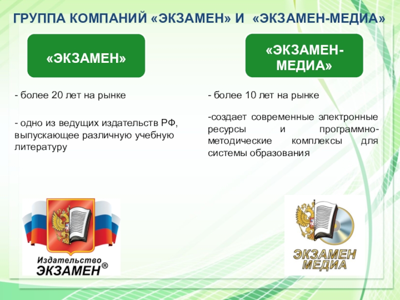 ГРУППА КОМПАНИЙ «ЭКЗАМЕН» И «ЭКЗАМЕН-МЕДИА»-создает современные электронные ресурсы и программно-методические комплексы для системы образования «- более 10