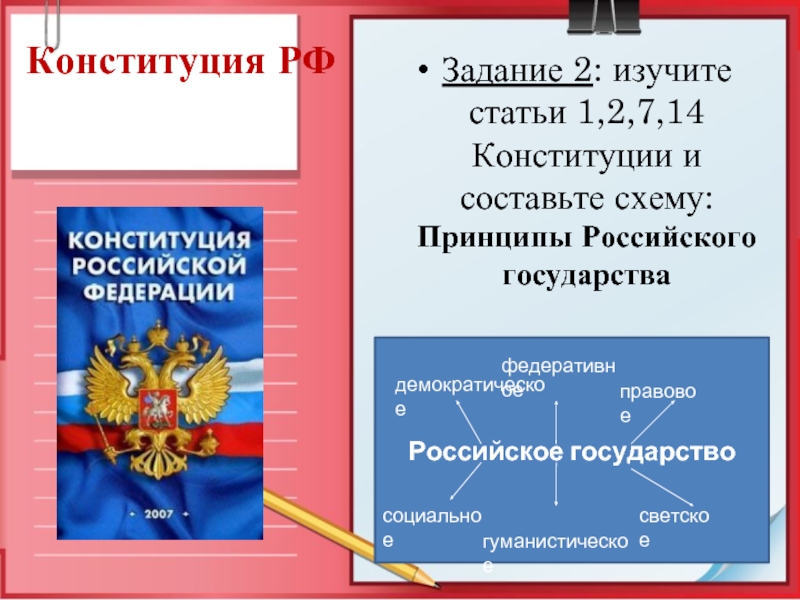Конституция РФЗадание 2: изучите статьи 1,2,7,14 Конституции и составьте схему: Принципы Российского государства