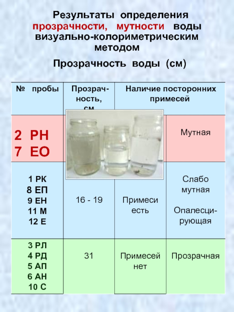 Результаты определения  прозрачности,  мутности  воды визуально-колориметрическим методом Прозрачность воды (см)