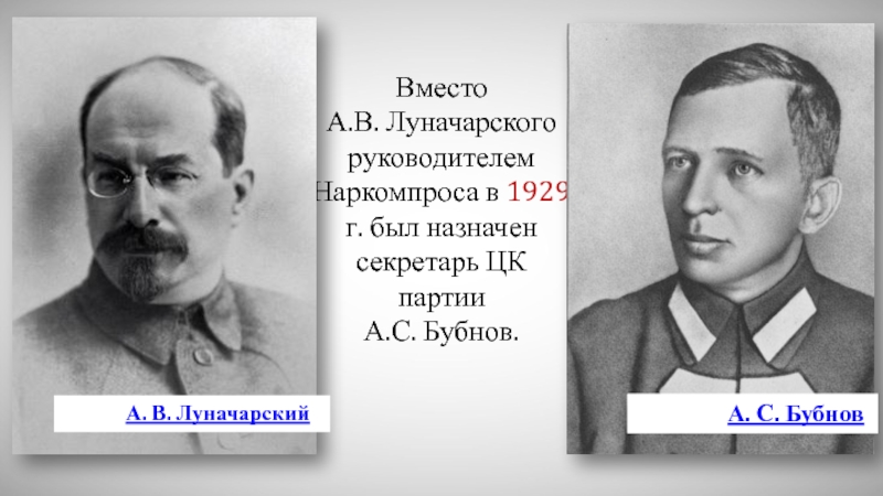 Вместо А.В. Луначарского руководителем Наркомпроса в 1929 г. был назначен секретарь ЦК партии А.С. Бубнов.