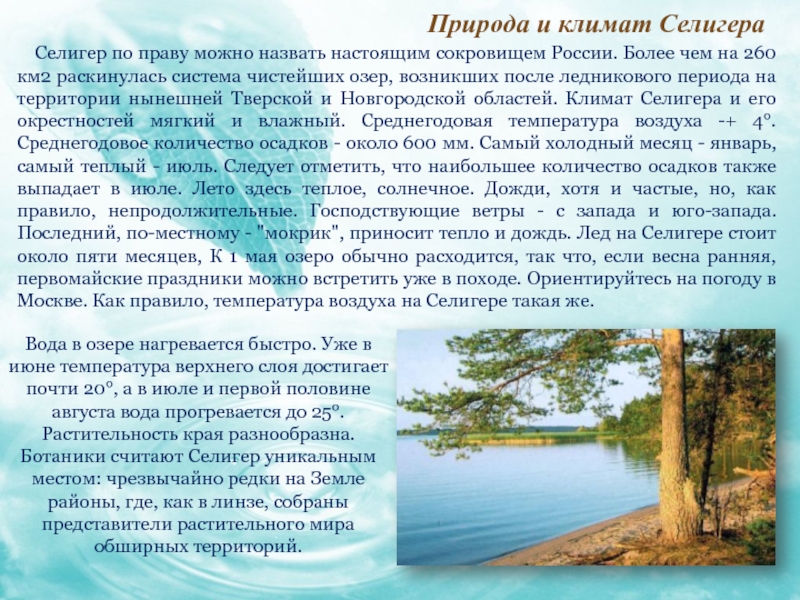 Природа и климат Селигера  Селигер по праву можно назвать настоящим сокровищем России. Более чем на 260