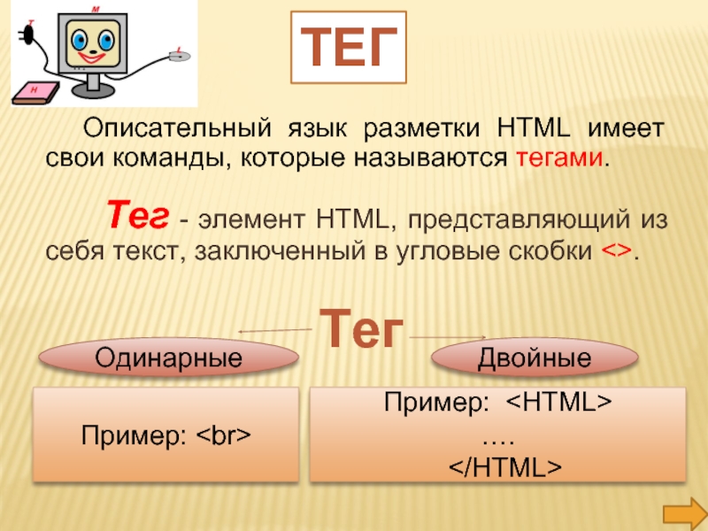 Описательный язык разметки HTML имеет свои команды, которые называются тегами.   Тег - элемент