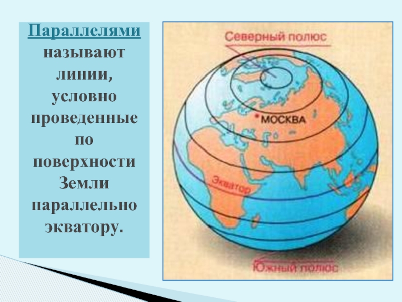 Параллелями называют линии, условно проведенные по поверхности Земли параллельно  экватору.