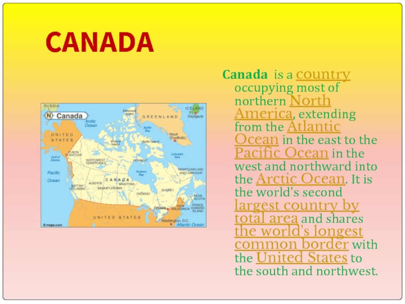 CANADACanada is a country occupying most of northern North America, extending from the Atlantic Ocean in the