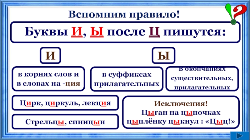 Правило и ы после ц 5 класс