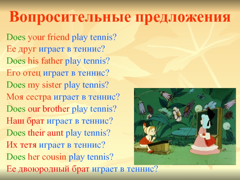 Вопросительные предложенияDoes your friend play tennis? Ее друг играет в теннис?Does his father play tennis?Его отец играет