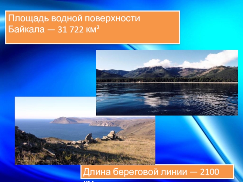 Площадь водной поверхности Байкала — 31 722 км² Длина береговой линии — 2100 км.