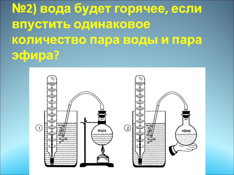 В каком из сосудов ( №1 или №2) вода будет горячее, если  впустить одинаковое количество пара