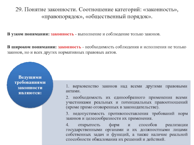 29. Понятие законности. Соотношение категорий: законность, правопорядок,