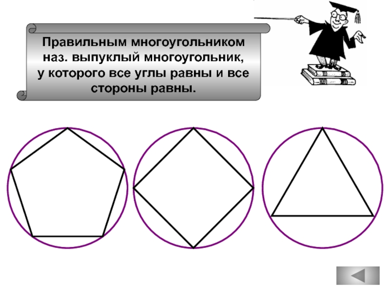 Правильным многоугольникомназ. выпуклый многоугольник,у которого все углы равны и всестороны равны.