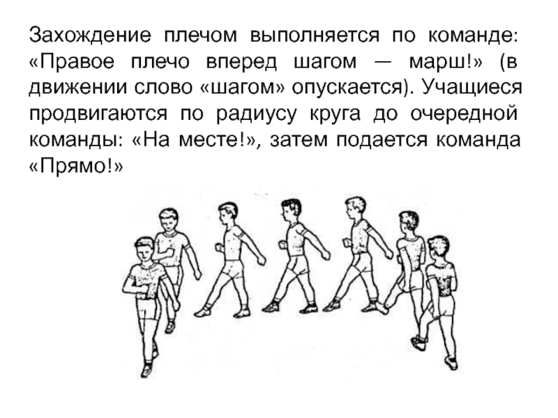 Команда кругом в движении. Правое плечо вперед шагом — марш!. Команда шагом марш. Команда левое плечо вперед марш. Строевые упражнения на месте.