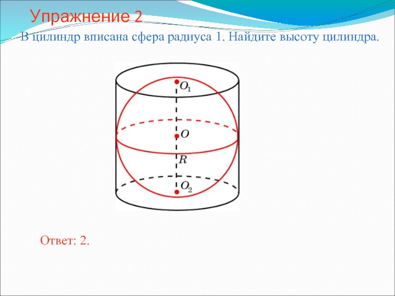 Упражнение 2В цилиндр вписана сфера радиуса 1. Найдите высоту цилиндра.Ответ: 2.