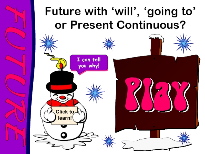 FUTURE
I can tell you why!
Click to learn!
Future with ‘will’, ‘going to’ or