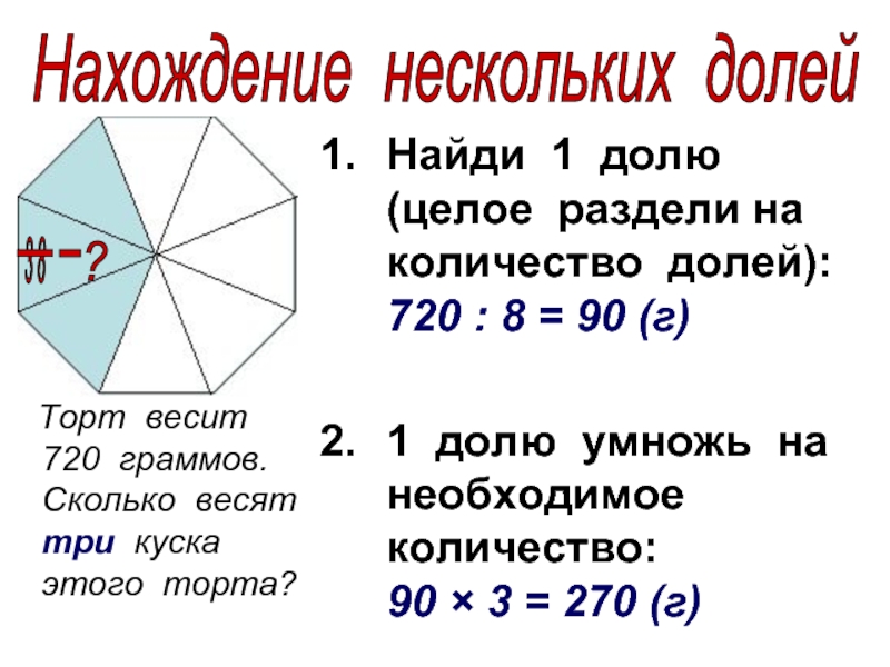 Нахождение нескольких долей целого. Алгоритм нахождения нескольких долей целого. Правило нахождения нескольких долей целого. Нахождение нескольких долей целого 4. Количество долей.