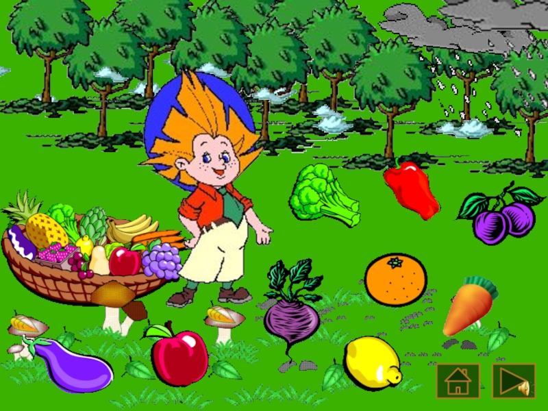 Игра собирать фрукты и овощи. Незнайка и овощи. Незнайка с фруктами. Незнайка на огороде. Незнайка с корзинкой.