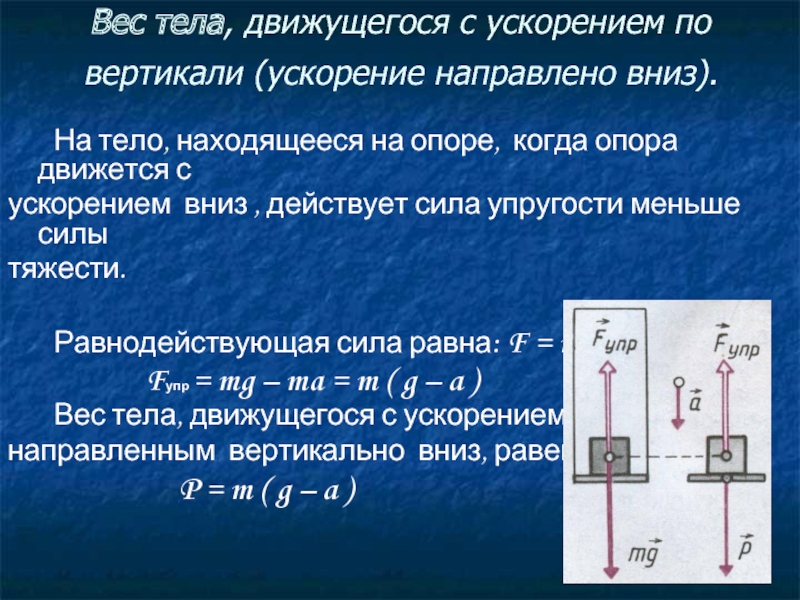 Состояние тела находящегося. Вес тела с ускорением вверх формула. Вес тела движущегося с ускорением вверх и вниз. Вес тела. Вес тела, при движении вверх и вниз с ускорением. Вес тела движущегося с ускорением формула.